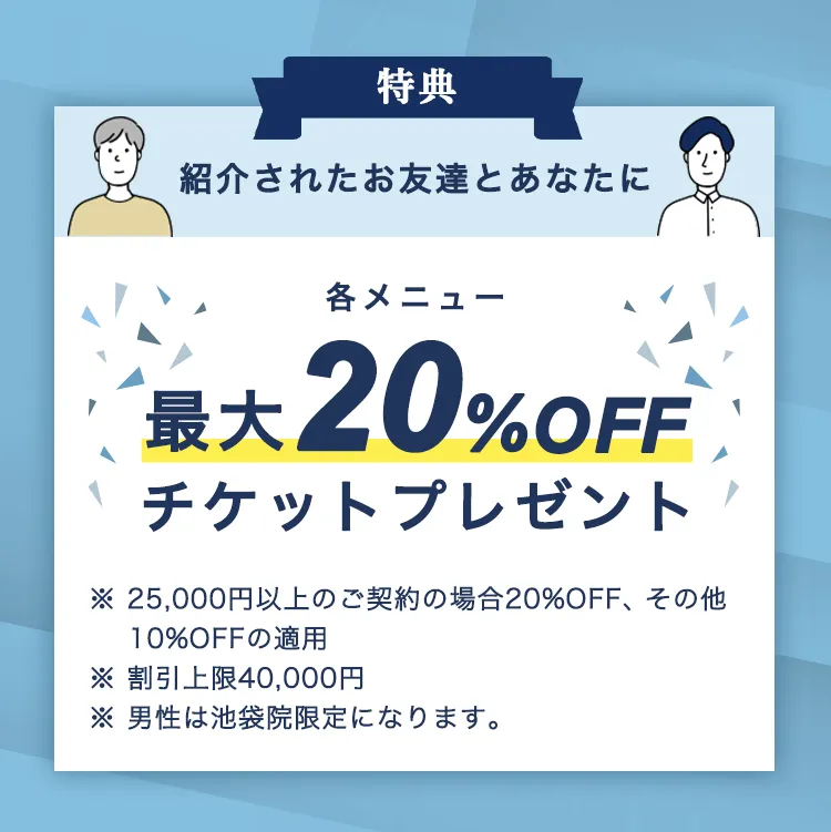 特典 紹介されたお友達とあなたに 各メニュー最大20%OFF チケットプレゼント